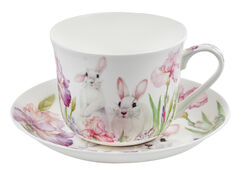 Чашка для чая с блюдцем Кролики в цветах 470мл 924-804